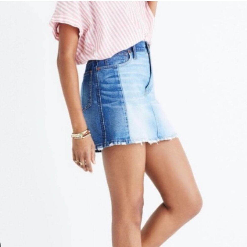 Madewell Pieced McCarren Two Toned Light Wash, Dark Wash Denim Mini Skirt, 25